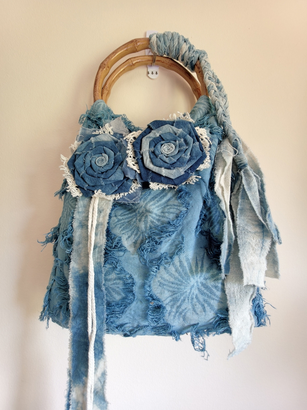 Handcrafted Blue Floral Denim Tote with Bamboo Handles